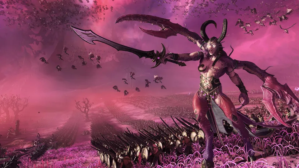 Демон Слаанеш на розовых полях Царства Хаоса — Total War: WARHAMMER III