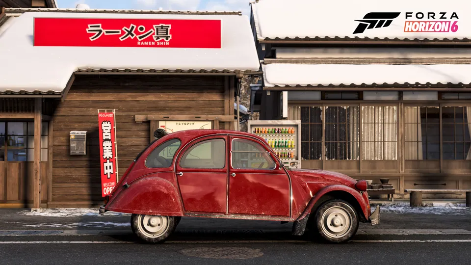 Красный Citroën 2CV у раменной в заснеженной японской деревне — машина-сокровище Forza Horizon 6
