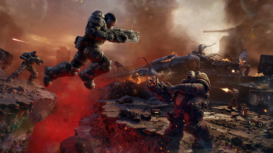 Боец в прыжке посреди боя — Gears of War: E-Day