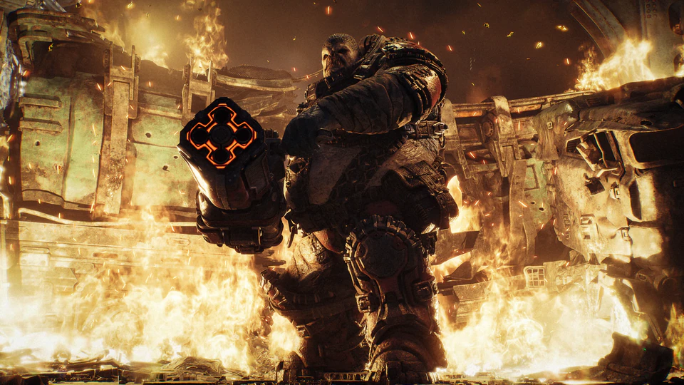 Громадный враг с тяжёлым оружием посреди пожара — Gears of War: E-Day